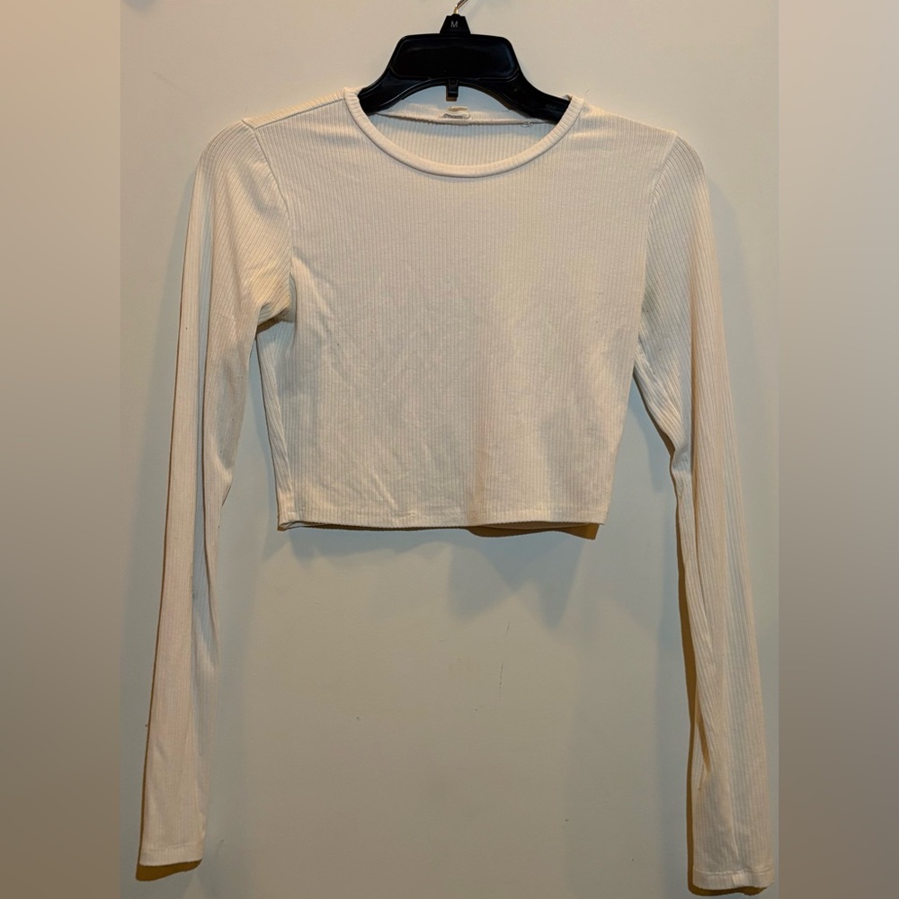 Garage White Ribbed Long Sleeve Crop Top